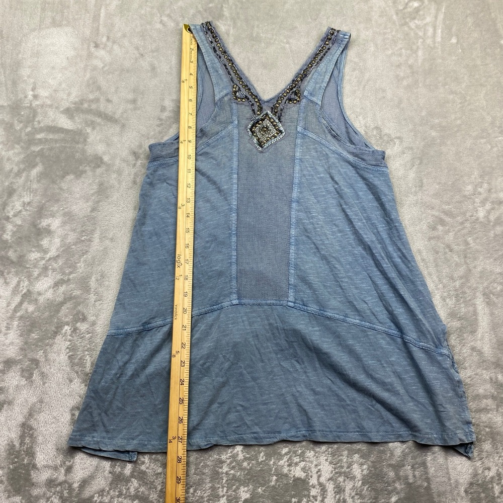 Free People Blue Beaded Embellished Mesh Sharkbite Tank Top XS Slub Knit Boho - Picture 4 of 7